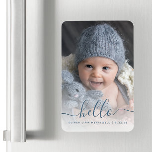 Boy Baby Photo Blue Hello Birth Announcement Magnet