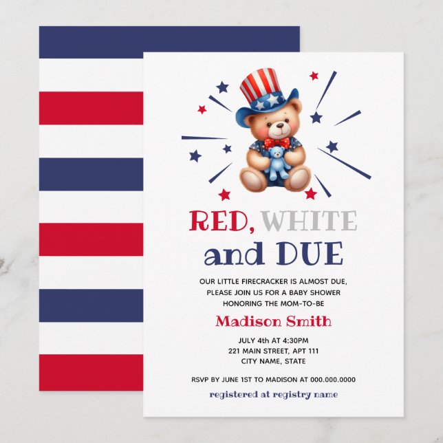 Boy Baby Shower 4th Of July Bear Red White And Due Invitation (Front/Back)