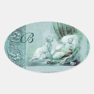 BOY BABY SHOWER ANTIQUE BLUE FLORAL MONOGRAM OVAL STICKER