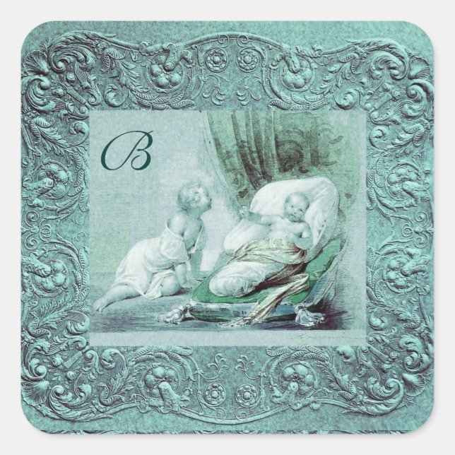 BOY BABY SHOWER ANTIQUE BLUE FLORAL MONOGRAM SQUARE STICKER (Front)