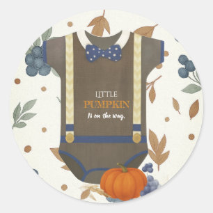 Boy baby shower autum fall blue burlap bodysuit  classic round sticker