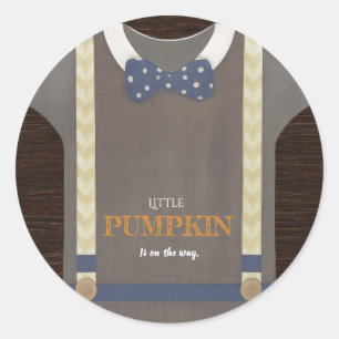 Boy baby shower autum fall blue burlap bodysuit classic round sticker