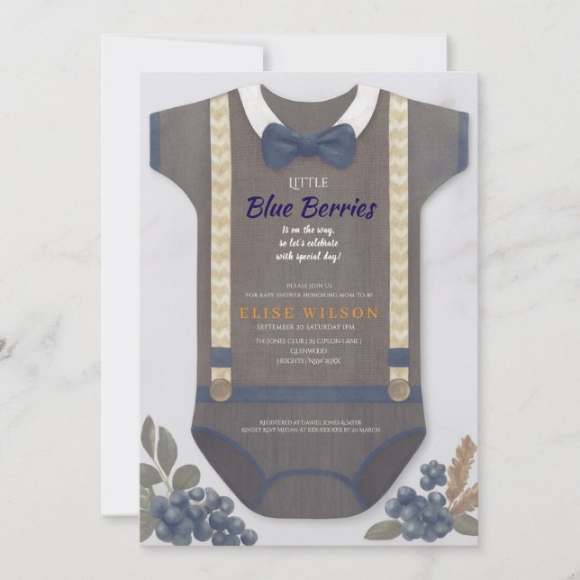 Boy baby shower autum fall blue burlap bodysuit  invitation (Front)