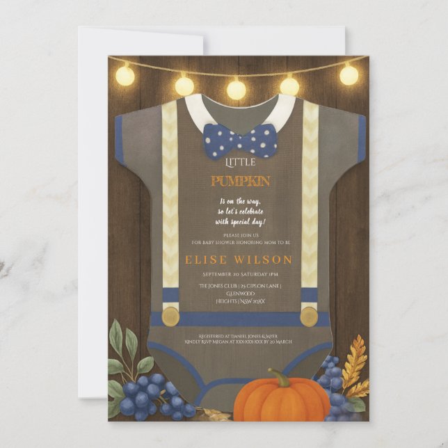 Boy baby shower autum fall blue burlap bodysuit  invitation (Front)