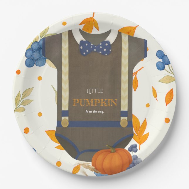 Boy baby shower autum fall blue burlap bodysuit  paper plate (Front)