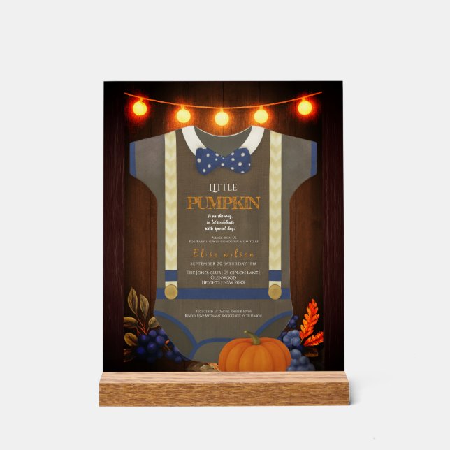 Boy baby shower autum fall blur burlap bodysuit  acrylic sign (Front)