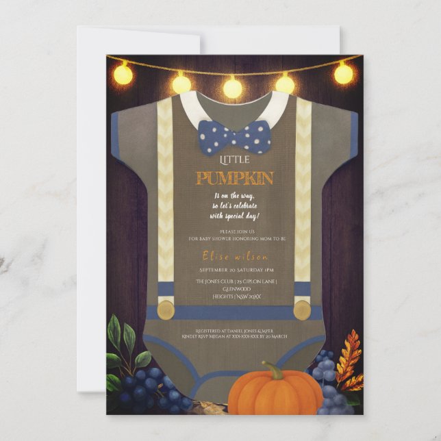 Boy baby shower autum fall blur burlap bodysuit  invitation (Front)