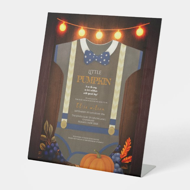 Boy baby shower autum fall blur burlap bodysuit  pedestal sign (Front)