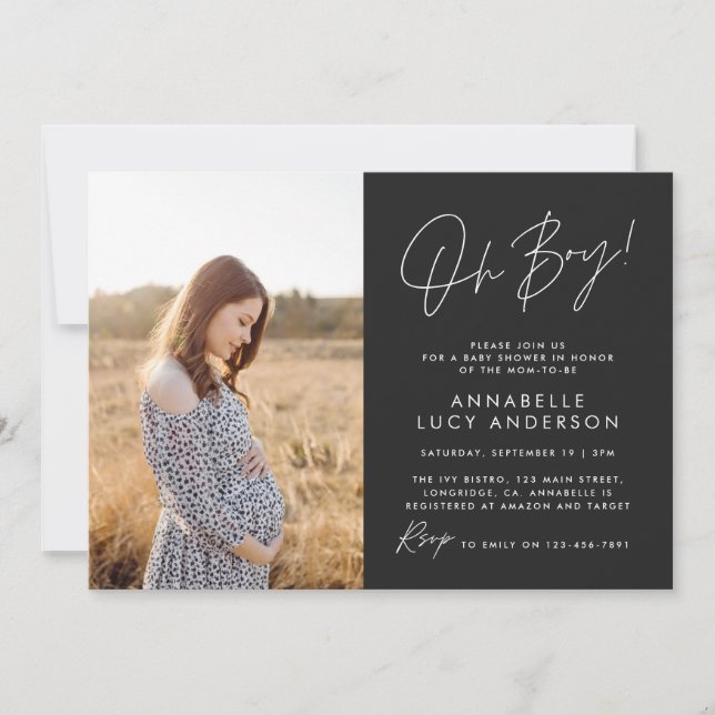 Boy baby shower black elegant  photo invitation (Front)