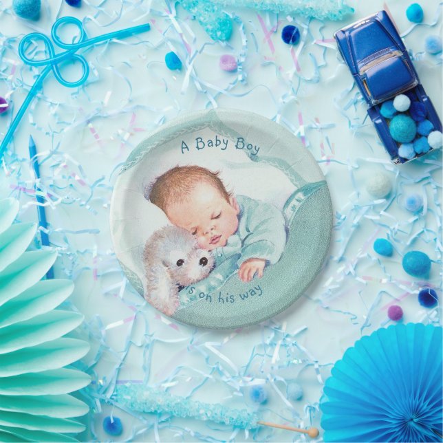  Boy Baby Shower Blue Blanket Toy Dog Paper Plate (Party)