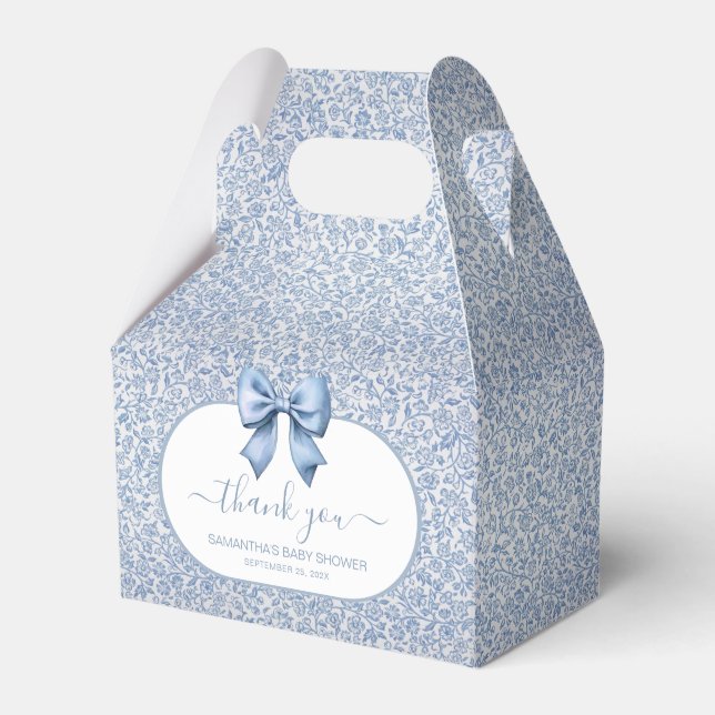 Boy Baby Shower Blue Bow Floral Pattern Thank You Favour Box (Front Side)