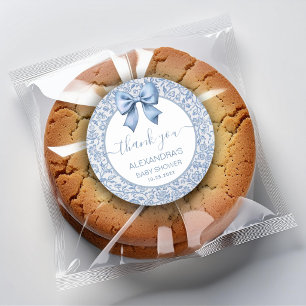 Boy Baby Shower Blue Bow Thank You Floral Pattern Classic Round Sticker