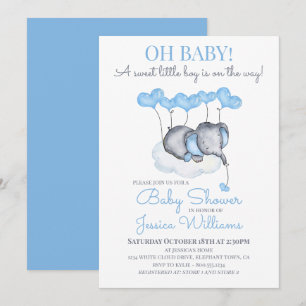 Boy Baby Shower Blue Elephant on Cloud Invitation