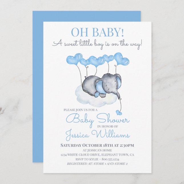 Boy Baby Shower Blue Elephant on Cloud Invitation (Front/Back)