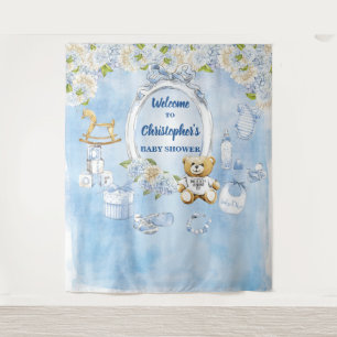 Boy Baby Shower Blue Flowers Teddy Bear Backdrop Tapestry