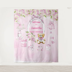 Boy Baby Shower Blue Flowers Teddy Bear Backdrop Tapestry