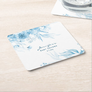 Boy Baby Shower, Blue Monochrome Still Life Floral Square Paper Coaster