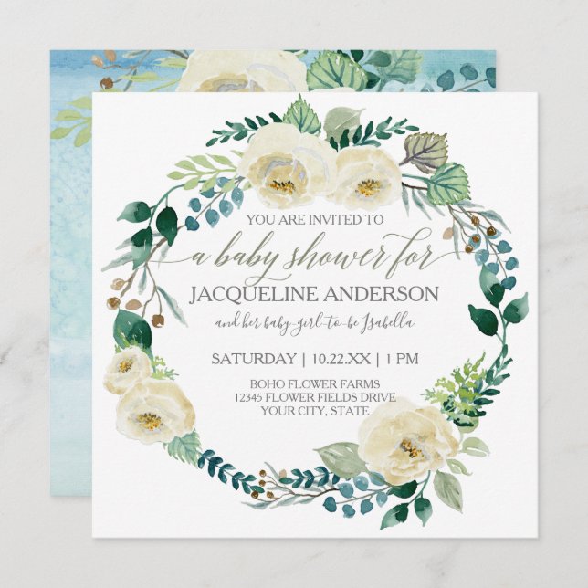 Boy Baby Shower Blue n White Roses Leaf Wreath Invitation (Front/Back)