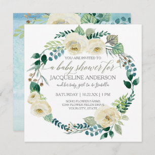Boy Baby Shower Blue n White Roses Leaf Wreath Invitation