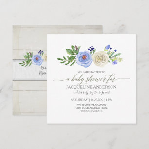 Boy Baby Shower Blue n White Roses Rustic Wood Invitation