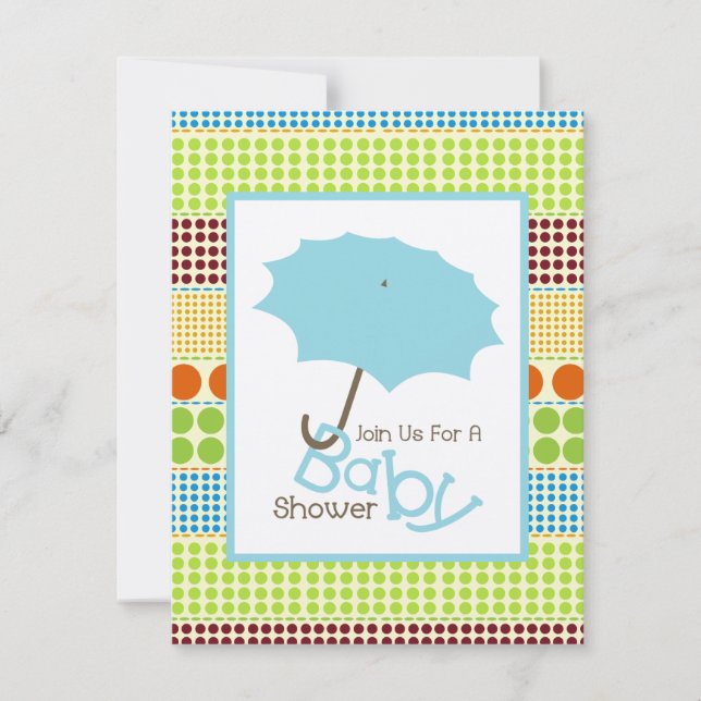 Boy Baby Shower Blue Umbrella & Boho Dots Invitation (Front)