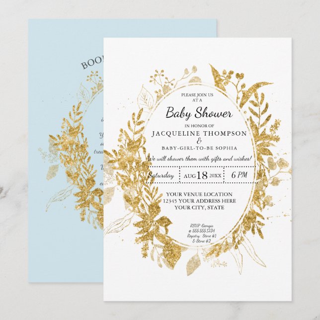 Boy Baby Shower Blue Watercolor Eucalyptus w Gold Invitation (Front/Back)