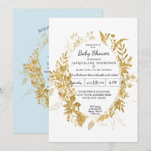 Boy Baby Shower Blue Watercolor Eucalyptus w Gold Invitation