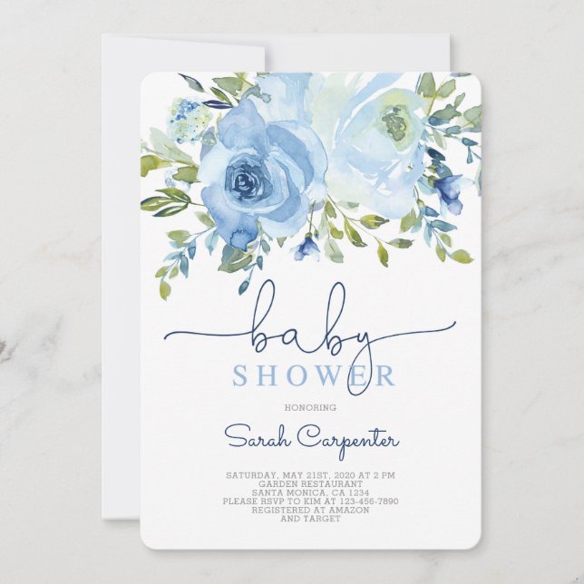 Boy baby shower, blue watercolor floral boy invitation (Front)