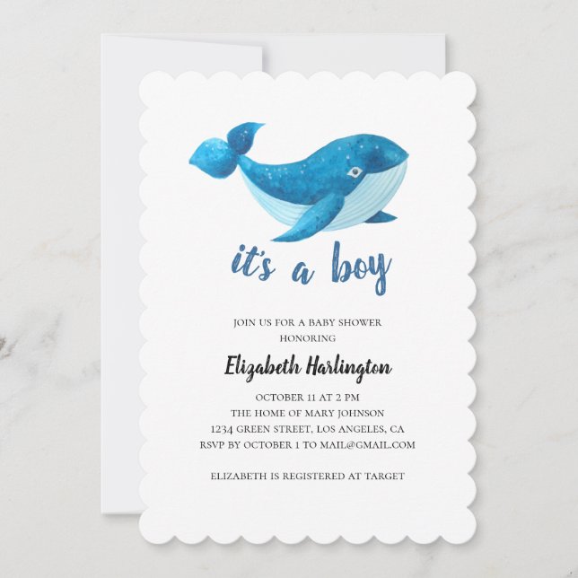 Boy baby shower. Blue whale invitation. Nautical Invitation (Front)