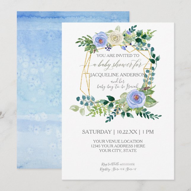 Boy Baby Shower Blue White Roses Watercolor Wreath Invitation (Front/Back)