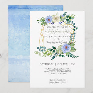 Boy Baby Shower Blue White Roses Watercolor Wreath Invitation