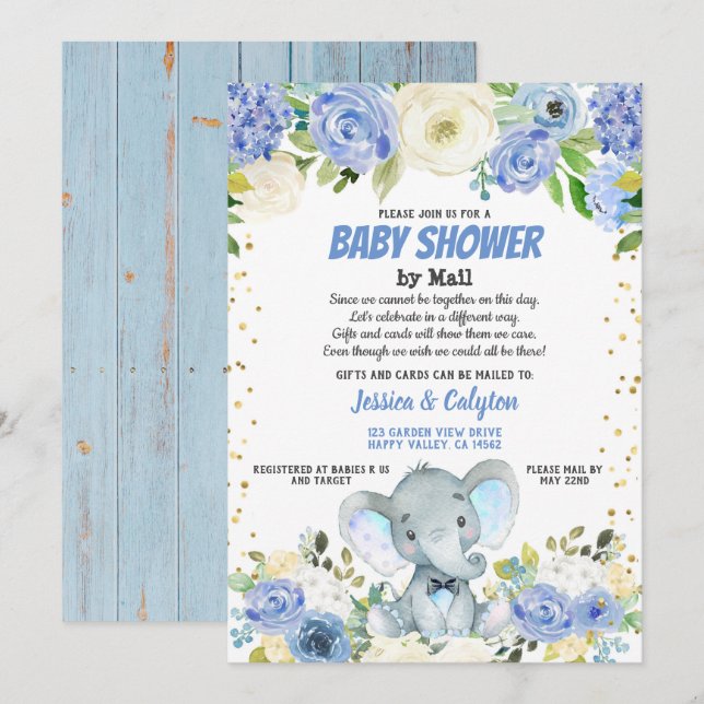 Boy baby shower by mail Blue elephant rose flower Invitation (Front/Back)