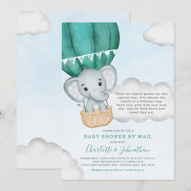 Boy Baby Shower By Mail Elephant Teal Invitation (Front/Back)