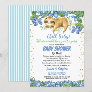 Boy baby shower by mail sloth blue flower invitation