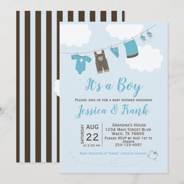 Boy Baby Shower Clothes Line Invitation (Front/Back)