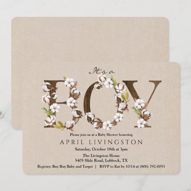 Boy Baby Shower Cotton Alphabet Invitation (Front/Back)