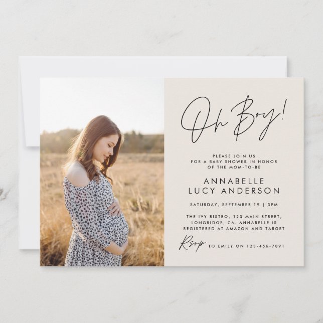Boy baby shower cream neutral elegant  photo invitation (Front)
