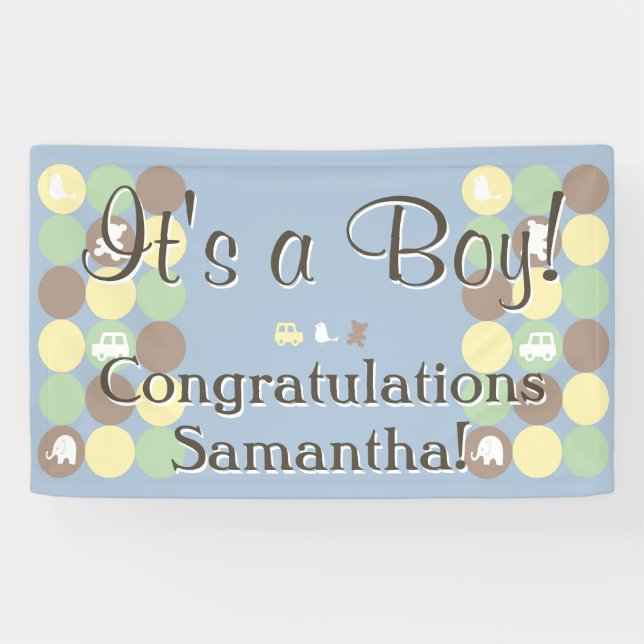 Boy Baby Shower Custom Printed Blue Brown Dots Banner (Horizontal)