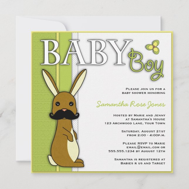 Boy Baby Shower Cute Bunny with Moustache - Green Invitation (Front)