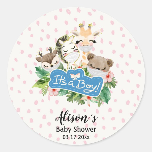 Boy Baby Shower | Cute Gold Safari Animal Friends Classic Round Sticker (Front)