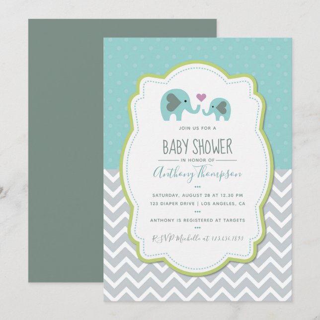 Boy Baby Shower Elephants Invitation (Front/Back)