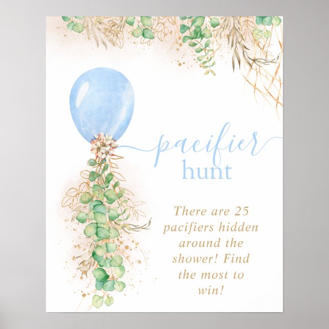 Boy Baby Shower Eucalyptus Balloon Pacifier Hunt Poster (Front)