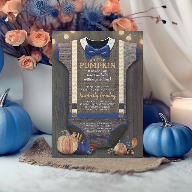 Boy Baby Shower Fall Pumpkin Rustic Burlap Wood Invitation (Navy Blue and Orange Rustic Fall Baby Shower Invitations)