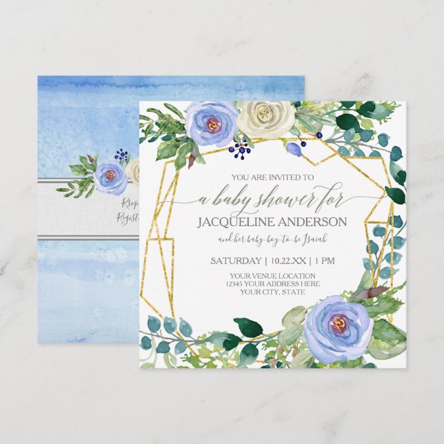 Boy Baby Shower Geometric w Blue n White Roses Invitation (Front/Back)