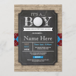 Boy Baby Shower Golf Ball Argyle Chalk Invite
