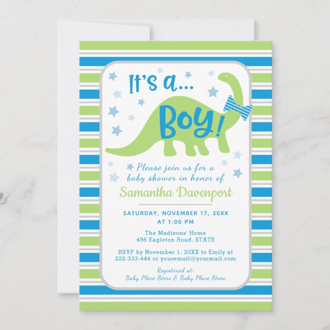 Boy Baby Shower Green Dinosaur Colourful Invitatio Invitation (Front)