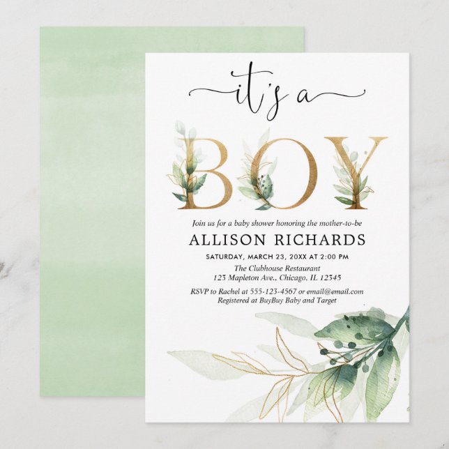 Boy baby shower greenery gold leaves modern invitation (Front/Back)