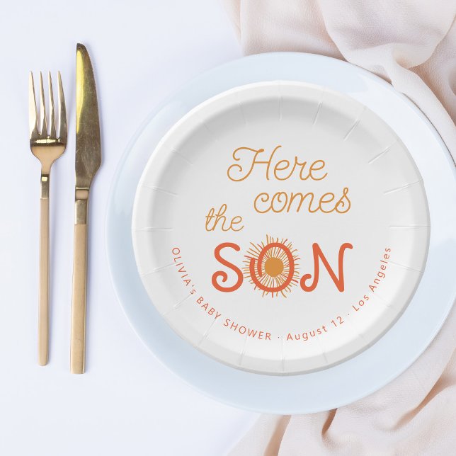 Boy baby shower here comes the son personalised paper plate (Creator Uploaded)