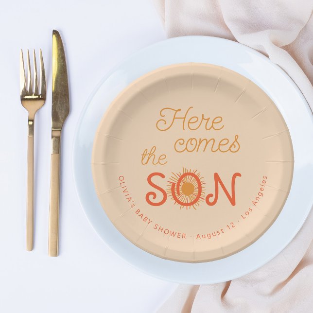 Boy baby shower here comes the son personalised paper plate (Creator Uploaded)