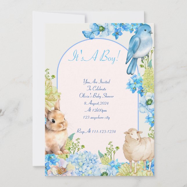 boy baby shower invitation blue watercolor design (Front)